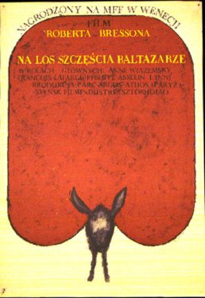 a red and white poster with a donkey head