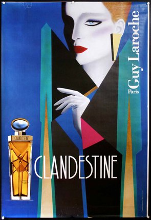 a poster with a woman in a hat and a bottle of perfume