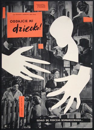 a black and white poster with white hands and orange text