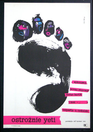 a black footprint with pink and blue paint