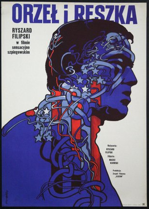 a poster of a man with a blue and red design