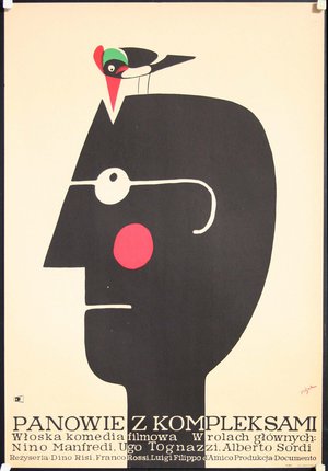 a black and white poster with a red bird on top of a man's head