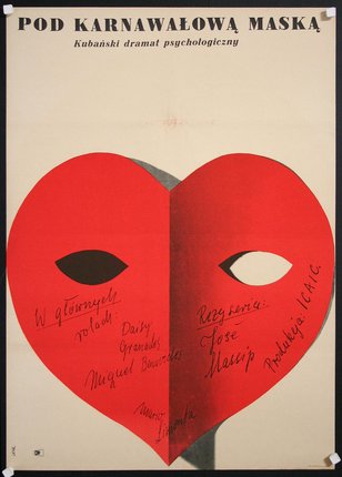 a poster with a heart shaped mask