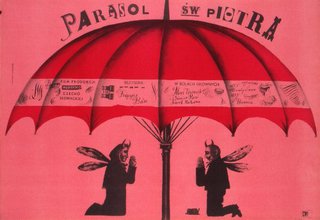 a red and black poster with two devil's under a red umbrella