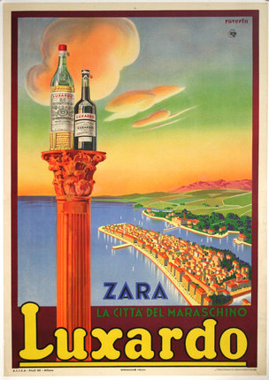 a poster of a city and a tower