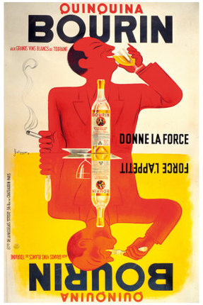 a poster of a man drinking and smoking a cigarette