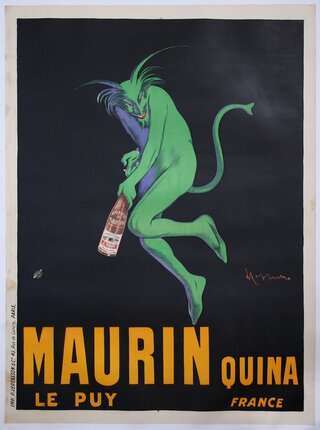 a poster of a green devil holding a bottle
