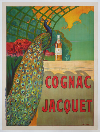 a poster of a peacock with its foot on a bottle