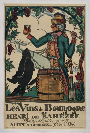 a poster of a man in a uniform sitting on a barrel and holding a glass of wine
