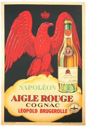 a poster of a red bird and a bottle of cognac