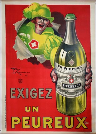 a poster of a woman holding a bottle of alcohol