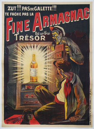 a poster of a man and a man looking at a bottle