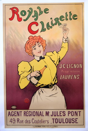 a poster of a woman holding a glass and a bottle