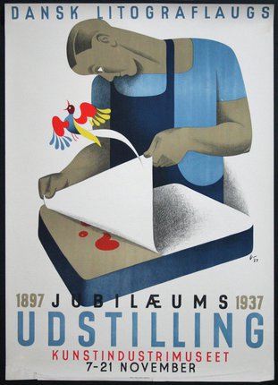 a poster of a man cutting paper