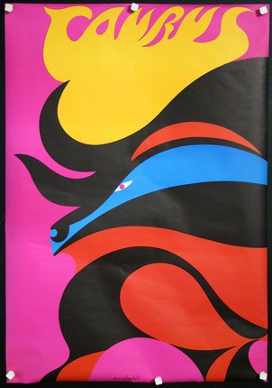 a colorful poster with a blue red black and yellow face