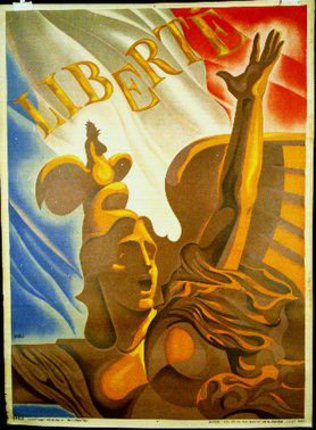 a poster with a statue of a woman and a flag