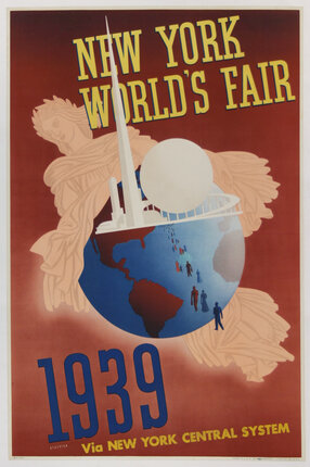 a poster with a globe and people walking around it