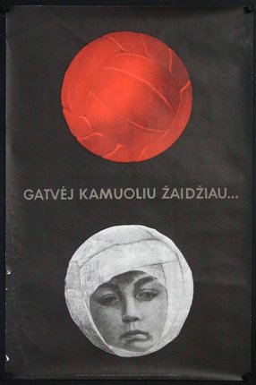a poster with a red ball and a woman's face