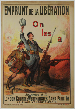a poster of a soldier holding a hat and a rifle