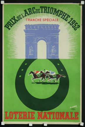a green poster with a black circle and horses