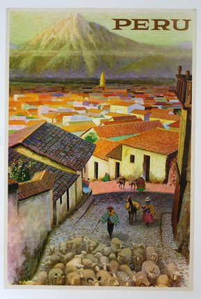 a painting of a town with people walking on a cobblestone street