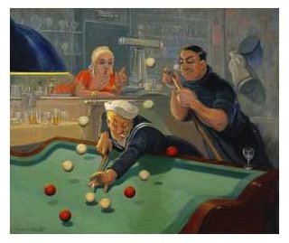 a man playing pool with a woman