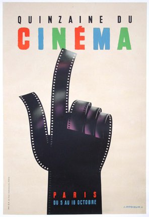 a movie poster with a hand pointing at a film strip