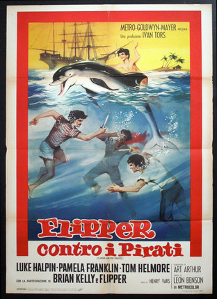 a movie poster of a man chasing a dolphin