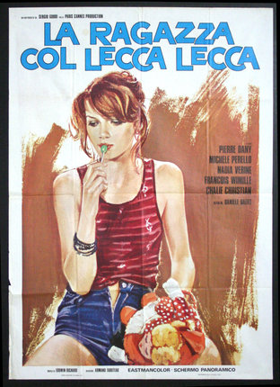 a poster of a woman eating a candy