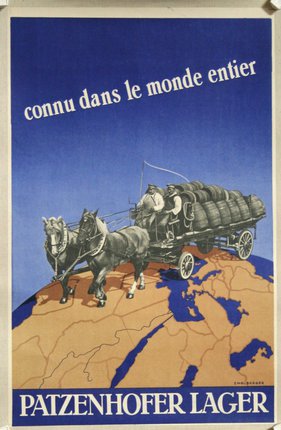 a poster with horses pulling a cart with barrels