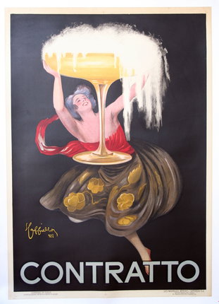 a poster of a woman holding a large gold cup overflowing with champagne