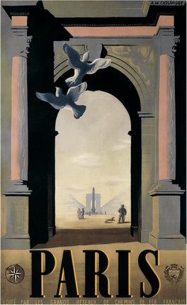 a painting of a building with pigeons flying through a archway