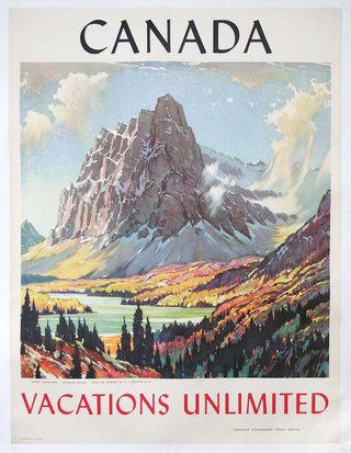 a poster of a mountain and a river