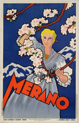 a poster of a woman holding a branch of flowers