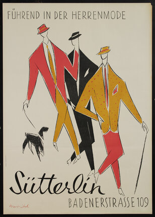A poster with a stylized illustration of three men in suits and hats. One has a dog on a leash.