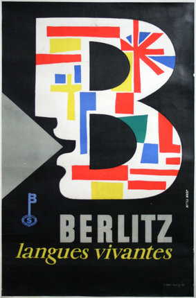 a poster with a letter b and colorful shapes