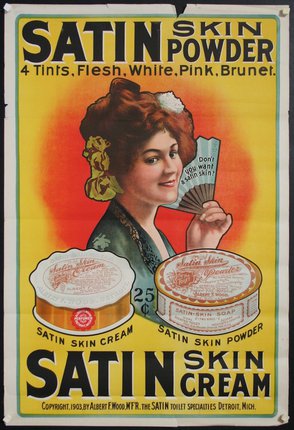 a poster of a woman holding a fan and a jar of cream