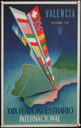 a poster with flags flying over a map