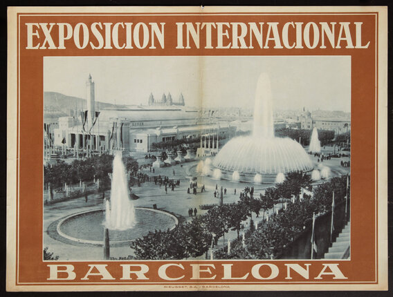 a poster with a fountain in front of a building
