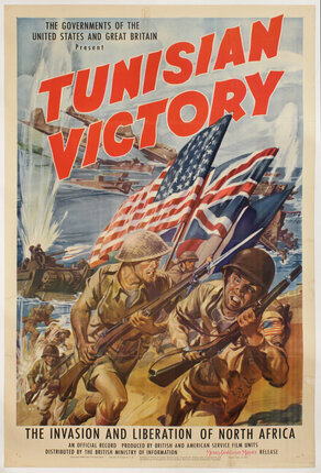 a poster of soldiers running with flags
