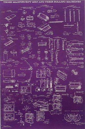 a purple poster with drawings and text