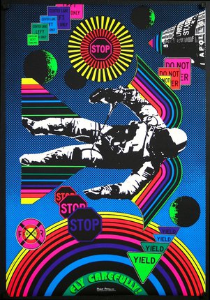a poster with a man in space