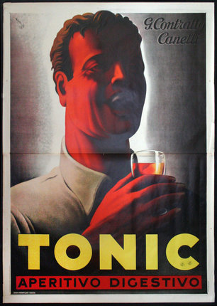 a poster of a man holding a glass of alcohol