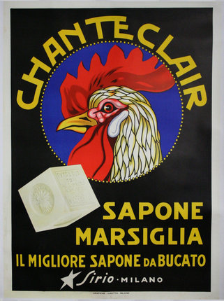a poster with a rooster head and a square box