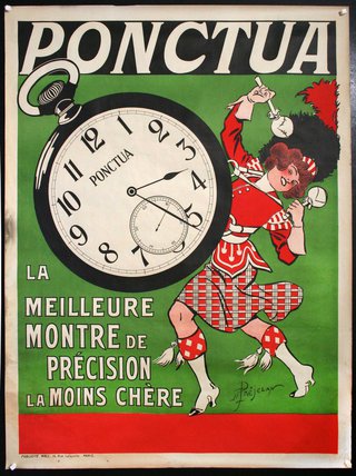 a poster with a woman dancing with a clock