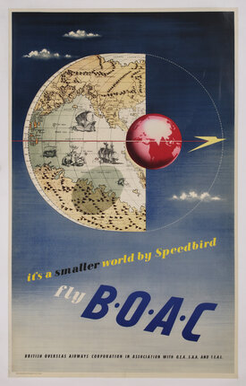 a poster of a red planet Earth in front of a half globe in the sky with an abstract plane flying by