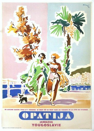 a poster of a couple of people walking a dog