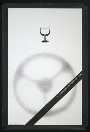 a black and white poster with a steering wheel and a glass