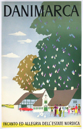 a poster of a house with a tree and people