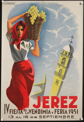 a poster of a woman carrying a basket of grapes